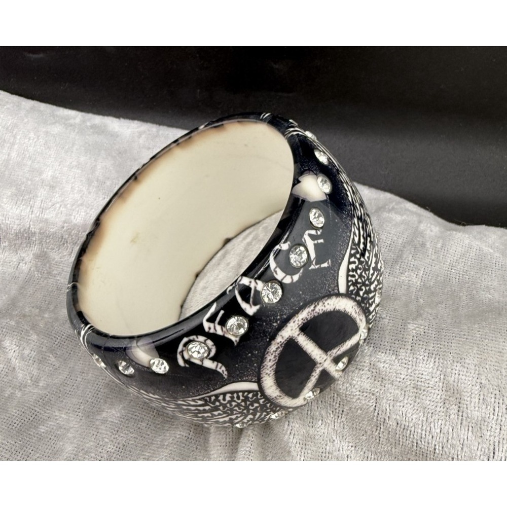 Chunky Bangle Cuff Bracelet Black White Angel Wings Peace Rhinestone 8.5" - Picture 1 of 7